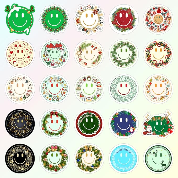 wercokt 50pcs smiling christmas stickers, cute water bottle stickers for kids, for teaching rewards, notebooks, stationery, luggage, cartoon pvc happy stickers