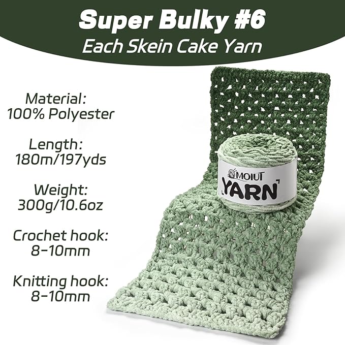 Blanket Perfect Ombre Cake Yarn - Baby Yarn for Crocheting Soft - 3 Pack of 10.6oz/300g - #6 Super Bulky - 197 Yards for Knitting, Crafts & Amigurumi, Chunky Chenille Yarn(3 Moss Green)