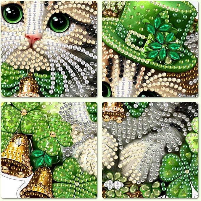 MXJSUA St. Patrick's Day Cat Diamond Art Hanging Kits for Adults Beginners, Crystal Diamond Suncatchers, Special Shape Diamond Painting Pendant Window Ornament Gifts for Home Garden Door Wall Decor