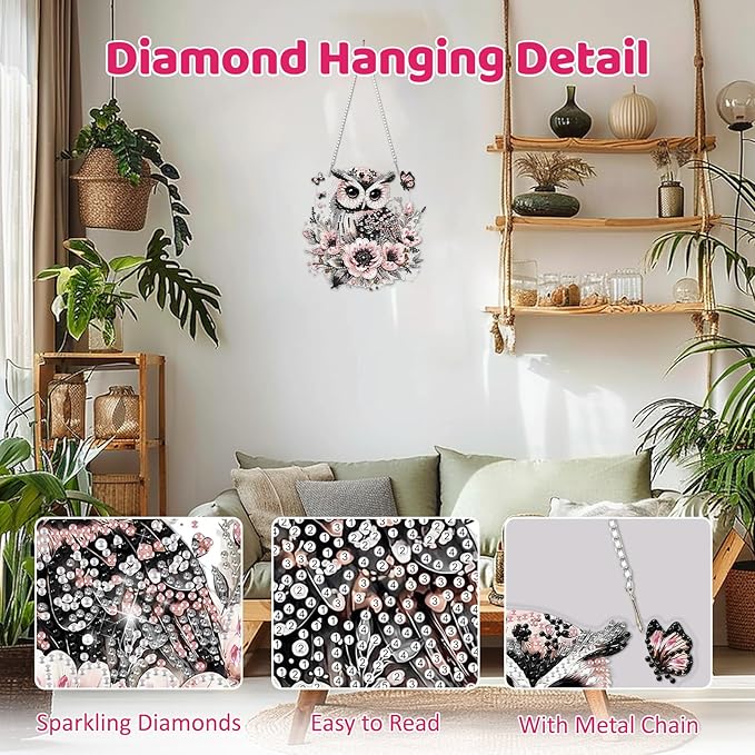MEIYUDA Owl Diamond Art Hanging Kits for Adult, Flowers Owl Diamond Painting Hanging Kits Ornaments, DIY Special Shaped Rhinestone Window Pendants Kit for Home Garden Wall Decor Gift