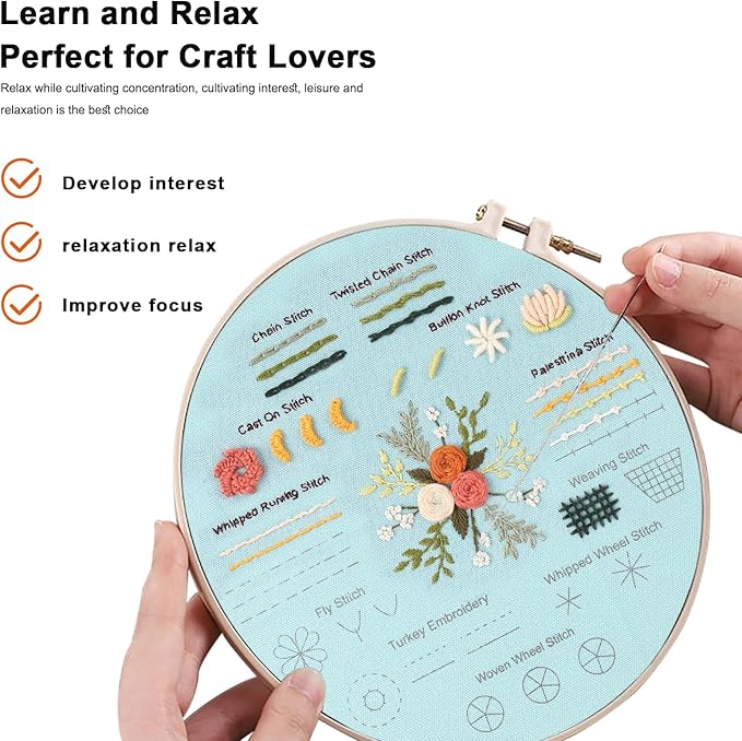 JOINRUN Beginner Embroidery Kit for Adults, 3 Pack Cross Stitch Kits with Pre-Printed Patterns, Threads, Needles, Learn Stitches with 7.8" Hoop, Video Tutorial, DIY Needlework Craft Gift for Women