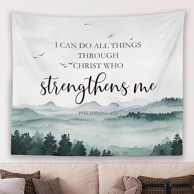 MNASAIOO Christian Mountian Wall Tapestry Hanging for Bedroom,Bible Verse I Can Do All The Things through Christ Who Strengthens Me Tapestry,Rustic Tapestries Wall Decor for Living Prayer Room 50x60in