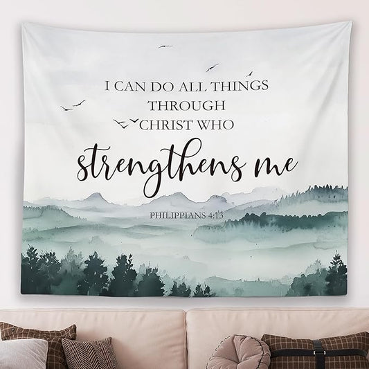 MNASAIOO Christian Mountian Wall Tapestry Hanging for Bedroom,Bible Verse I Can Do All The Things through Christ Who Strengthens Me Tapestry,Rustic Tapestries Wall Decor for Living Prayer Room 50x60in