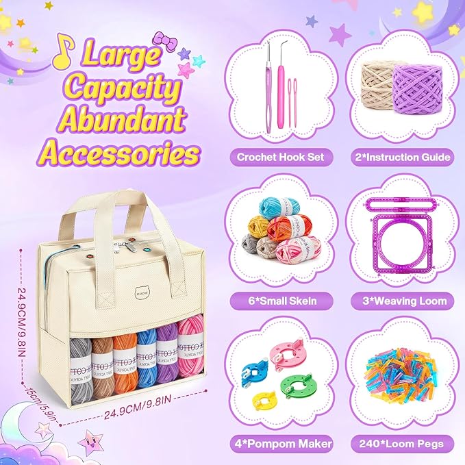 MIAOKE 633 Pcs Weaving Loom Kit with Pompom Maker,Knit Hat Scarf Knitting Loom Kit,Includes Storage Bag, Binding Needles, Colored Craft Rings, Yarn and Crochet Hooks, Knitting Loom Kits for Beginner