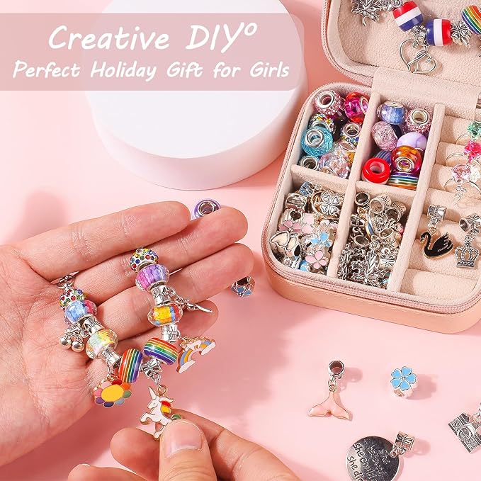 UFU Charm Bracelet Making Kit, 95Pcs Jewelry Making Kit Craft Gift for Girls 5 6 7 8-12, A Sweet Birthday Gift to Inspire Imagination & Creativity, with Portable Jewelry Box