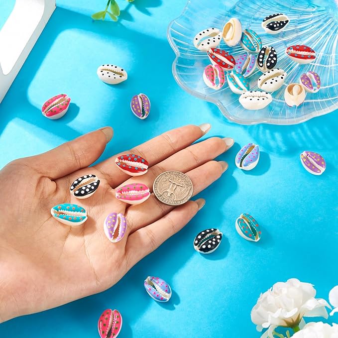 Cheriswelry 28Pcs Natural Spiral Shell Beads Print Polka Dot Sea Shells Beach Spacer Beads Cowrie Shell Loose Bead 17-22mm for DIY Summer Earring Bracelet Necklace Jewelry Making