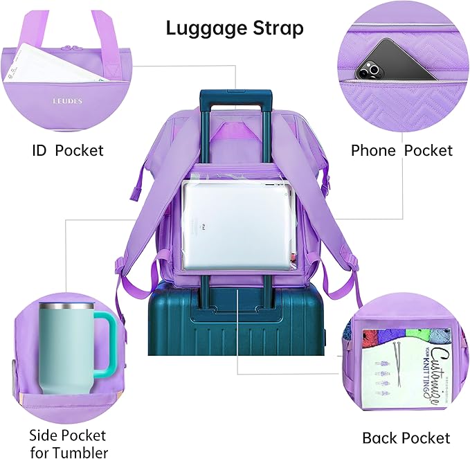 Leudes Knitting Bag Backpack, Yarn Storage Organizer Large Crochet Bag Tote Christmas Gift Yarn Holder Case for Carrying Projects, Knitting Needles (Upgraded Purple)