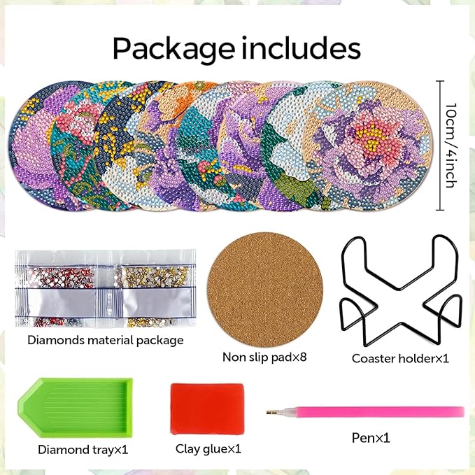 EWJRNSF 8 PCS Diamond Art Coasters Kit, Small Diamond Painting Coasters, Fall Diamond Art Kits for Adults Beginners, Arts and Crafts Supplies Item Sets with Holder