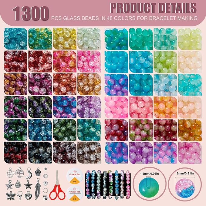 1300 Pcs Glass Beads for Jewelry Making – 8mm Beads in 48 Colors, 2 Box Set of Bulk Glass Beads for Bracelets, Crafts & DIY Gifts