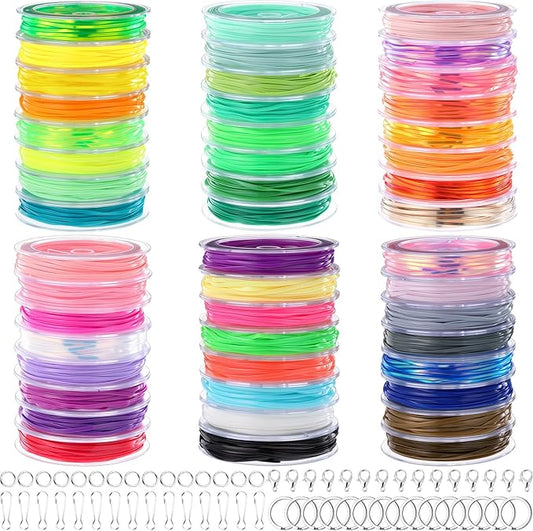 Lanyard String Kit 48 Rolls Gimp Plastic Lanyard String for Bracelets Keychain DIY Crafts with Key Chain Rings, Snap Clips, Open Rings, Lobster Clips Gimp Bracelet Making Kit (5.5 Yards)