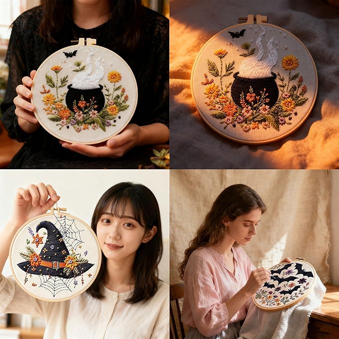 QBQBQ Halloween Embroidery Kit, Halloween Cross Stitch Kit, 4 Set, Adults, Unisex, 6 Inch, Non-Foldable, Gothic, Cross Stitch, Needlepoint, DIY, Craft Kit (1 Set)