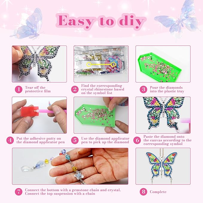 4pcs Diamond Painting Kit for Kids Ages 8-12, Birthday Gifts for 6 7 8 9 10 11 Year Old Girls Diamond Art Kits Crafts for Teen/Adults Wind Chimes Crystal Window Suncatcher for Home Garden Decor
