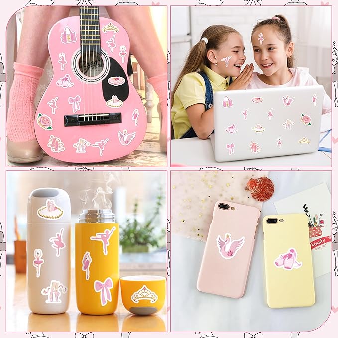 beyumi 1000pcs ballet dance themed stickers in 2 rolls pink dacing movements ballerina stickers waterproof vinyl decals for laptop bottle scrapbooking envelopes party decor gifts for girls kids teens