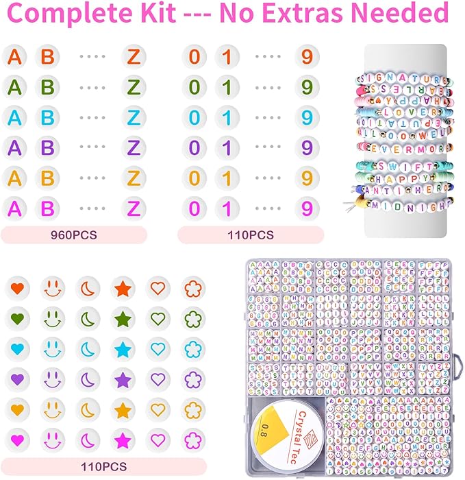 nikkiGuo 1250 PCS Letter Beads Kit with Elastic Cord – Alphabet A–Z, Numbers, Heart, Moon, Star, Smiley Beads for Friendship Bracelets & DIY Jewelry (White Beats & Colorful Letters)