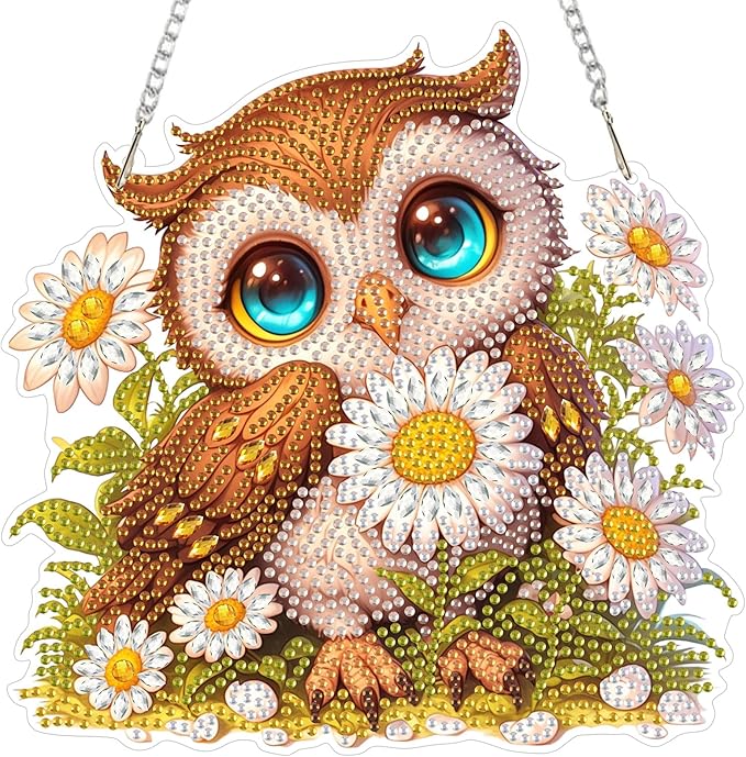 NEWENMO Diamond Art Kit for Adult, Floral Owl, Diamond Art Painting Double Sided Window Pendants for Home Garden Wall Hanging, DIY Special Shaped Gem Hanging Ornaments, Cute Owl