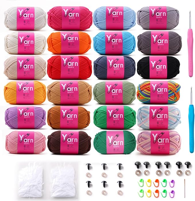 24 Pack Crochet Yarn Beginner - Black White Orange Red Green Rainbow Pink Cotton Chunky Yarn - with Easy-to-See Stitches Beginner Yarn for Crocheting - Amigurumi Yarn Set