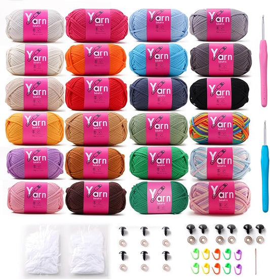 24 Pack Crochet Yarn Beginner - Black White Orange Red Green Rainbow Pink Cotton Chunky Yarn - with Easy-to-See Stitches Beginner Yarn for Crocheting - Amigurumi Yarn Set