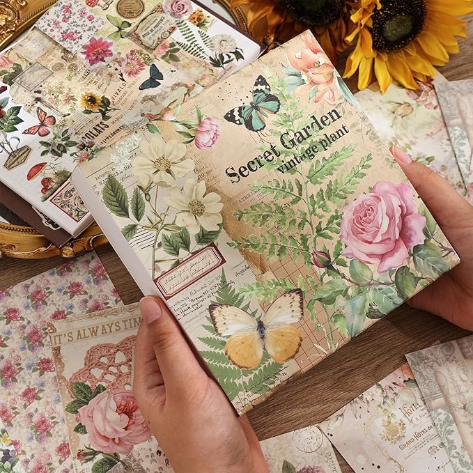Vintage Botanical Scrapbooking Supplies Kit, Aesthetic Flower Scrapbook Kit for Bullet Junk Journal, 12 Rolls Washi Tape, Stickers Papers for DIY Journaling Supplies, Craft Gift for Girl Women