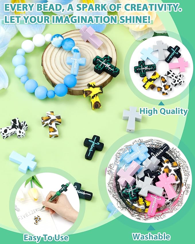 12Pcs Cross Silicone Focal Beads for Pens, Leopard Cross Shaped Rubber Charms, Jesus Beads for Beaded Pen, Bracelet, Necklace, Keychain Making Accessories