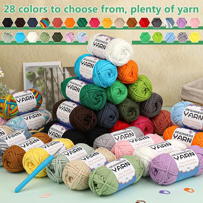 32 Pack Yarn for Beginner Crocheting, Beginner Yarn, Easy Yarns for Beginners, Beginner Crochet Yarns with Easy-to-See Stitches Cotton Yarn for Crocheting Beginners Crochet Kit