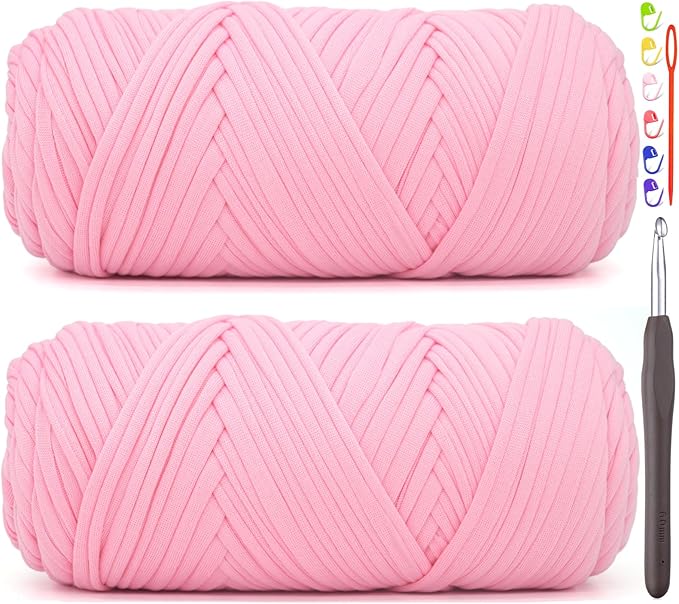 2 Pack Tshirt Yarn for Crocheting,Rosy Pink T Shirt Chunky Elastic Fabric Thick T-Shirt Crochet Yarn for Beginners Crocheting Hand Knitting Bag/Basket/Coasters/DIY Crafts/Home Decor 2*200G(Rosy Pink）