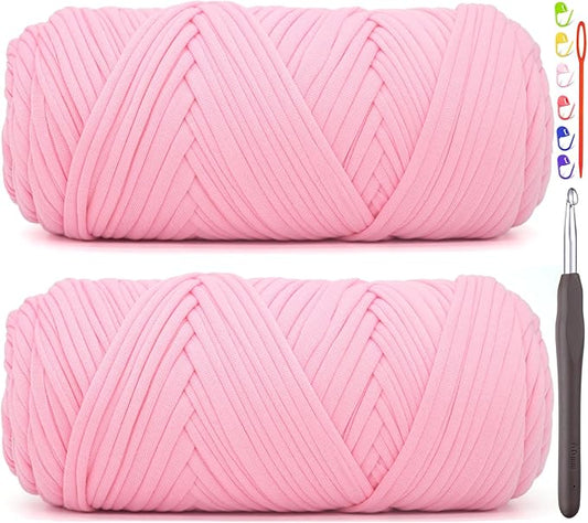2 Pack Tshirt Yarn for Crocheting,Rosy Pink T Shirt Chunky Elastic Fabric Thick T-Shirt Crochet Yarn for Beginners Crocheting Hand Knitting Bag/Basket/Coasters/DIY Crafts/Home Decor 2*200G(Rosy Pink）