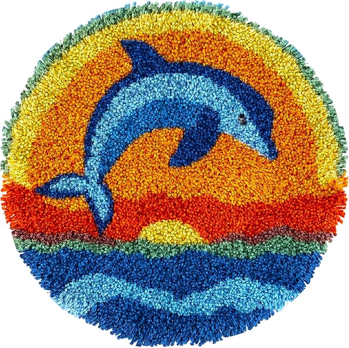 Latch Hook Rug Kit Dolphin Jumping Under Sunset Easy for Beginners Round Shape Carpet Crochet Yarn Craft Mini Rug DIY Hook and Latch Little Tapestry for Home Decor 30x30cm-3