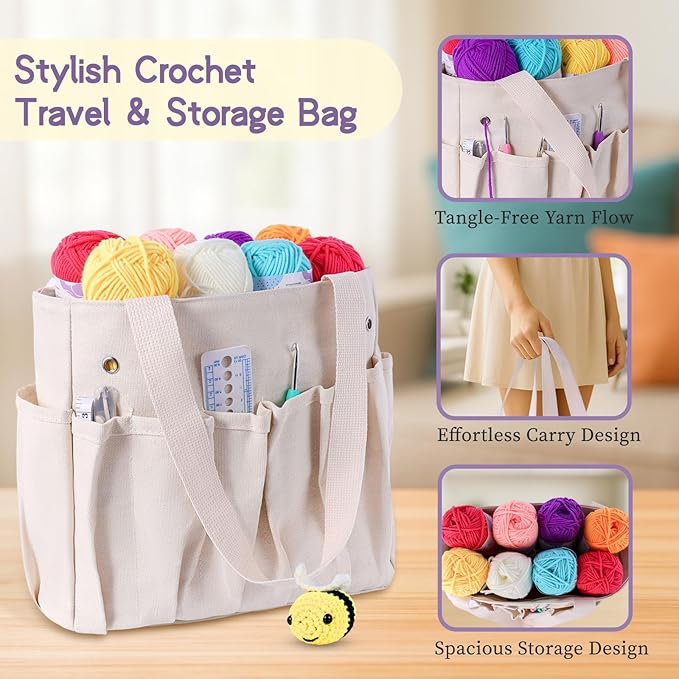 jc craft beginner crochet kit – 81 piece starter set with 15 colorful yarns, ergonomic hooks, complete supplies, white tote bag, accessories case, guide book & online video lessons