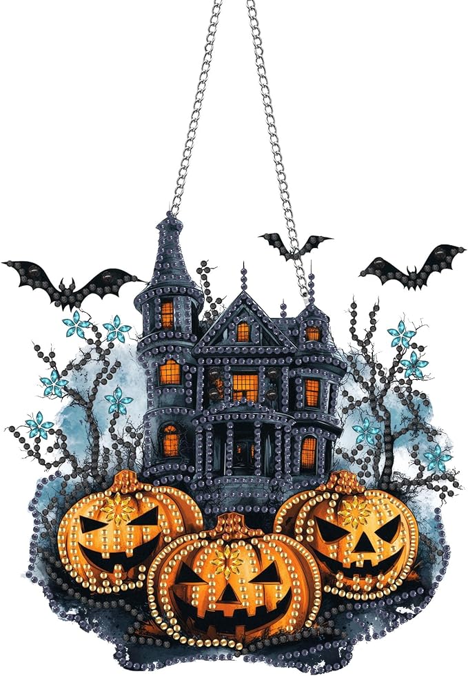 Pavemlo Hanging Diamond Art Kits for Adults Halloween Pumpkin – 8x8Inch Double-Sided Acrylic Board DIY Crystal Diamond Suncatcher Pendant, Sparkling Home Wall or Window Decoration Handmade Gift