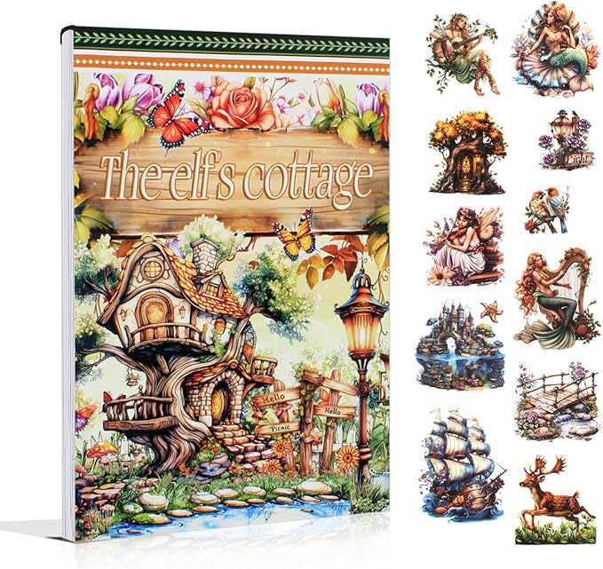 The Elfs Cottage Sticker Book for Journaling, 20 Sheets Precut PET Washi Paper Materials Stickers for Scrapbooking, Junk Journal Supplies, Planner, Bujo, Collage, DIY Crafts Arts