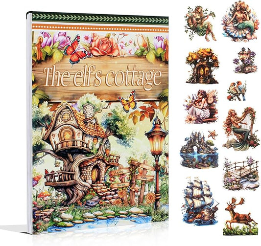 The Elfs Cottage Sticker Book for Journaling, 20 Sheets Precut PET Washi Paper Materials Stickers for Scrapbooking, Junk Journal Supplies, Planner, Bujo, Collage, DIY Crafts Arts