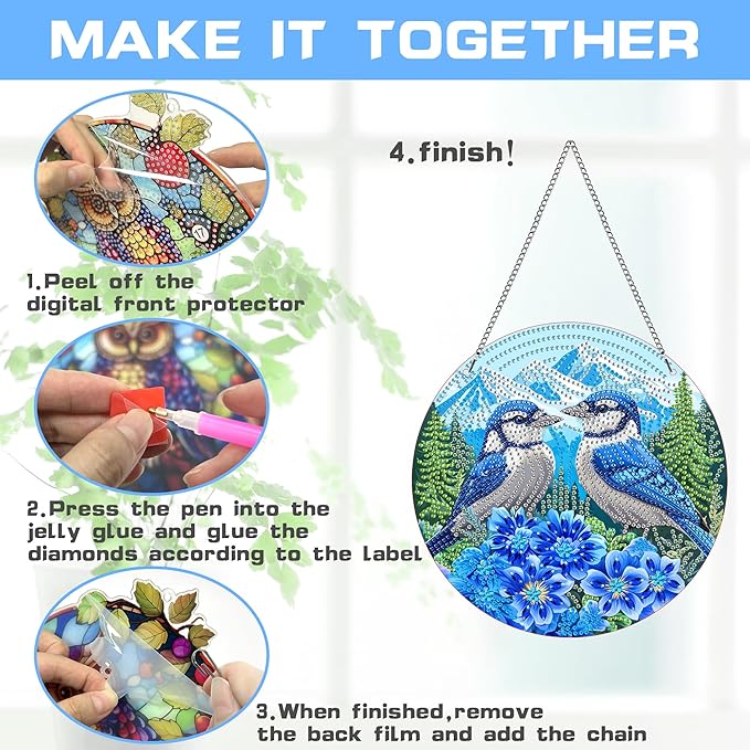 VAIIEYO Bird Diamond Art Hanging Ornament, Flower Diamond Painting Suncatchers Window Hanging Kit with Chain, 7.5x7.5 inch Crystal Pendant Art Craft for Gift Home Wall Front Door Outdoor Decoration