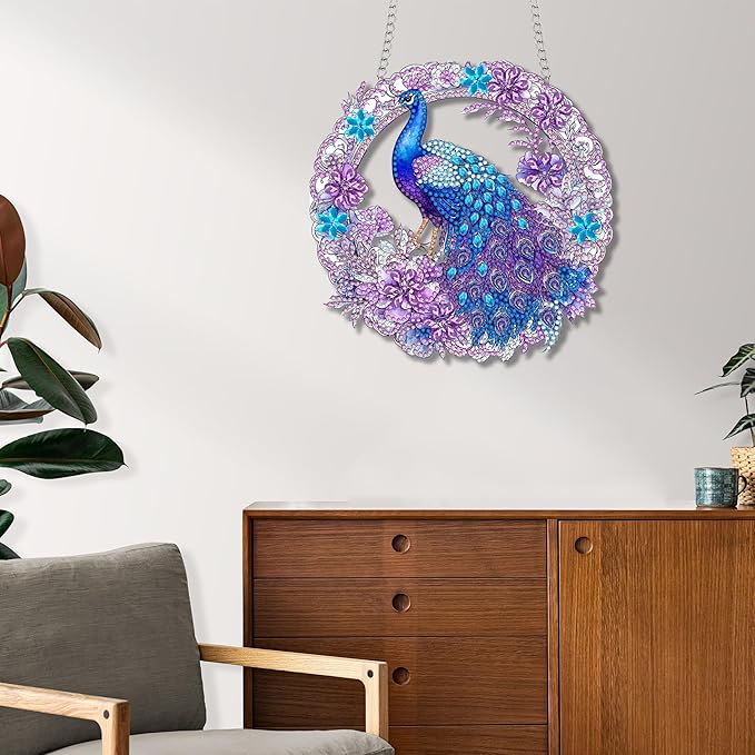 Reofrey Hanging Diamond Art Kits for Adults - 8x8Inch Peacock Animal Acrylic Board Double Sided Pattern Diamond Painting Suncatcher Pendant, Crystal Art for Home Wall Window Decoration Handmade Gift