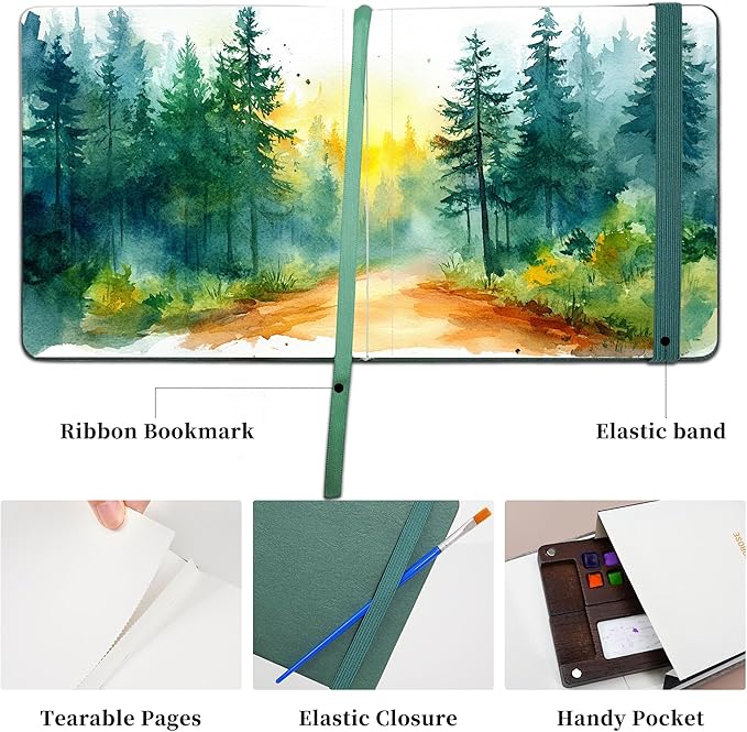 Vienrose Watercolor Sketchbook, 5.5"x5.5" Watercolor Journal with 24 Sheets 48 Pages 140 LB (300 GSM) Cotton Watercolor Paper, Green Leather Cover Water Coloring Sketch Book As Travel Notebook