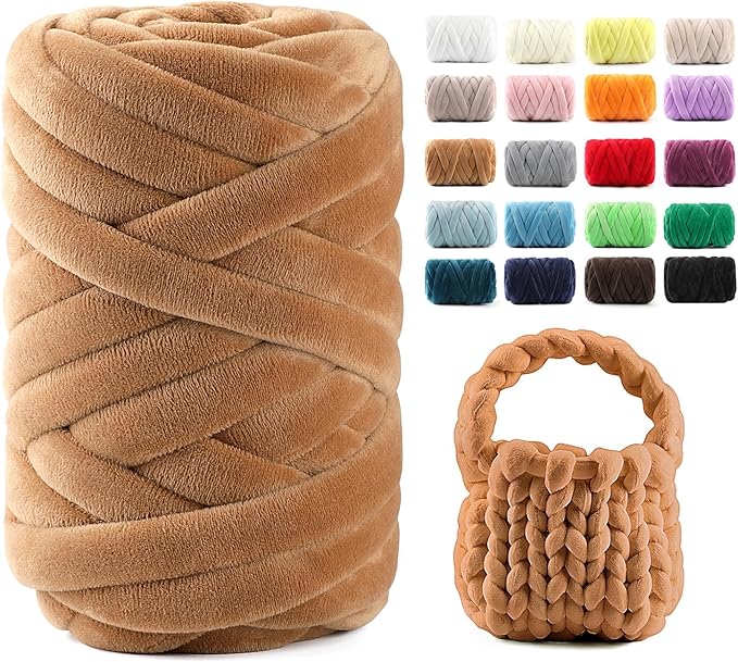 Chunky Yarn for Hand Knitting & Arm Knitting - 0.66lb Super Bulky Velvet Chenille Tube Yarn for DIY Pillows, Pet Beds, Baskets & Home Decor | No Tools Needed, Machine Washable, Caramel,1 Pack