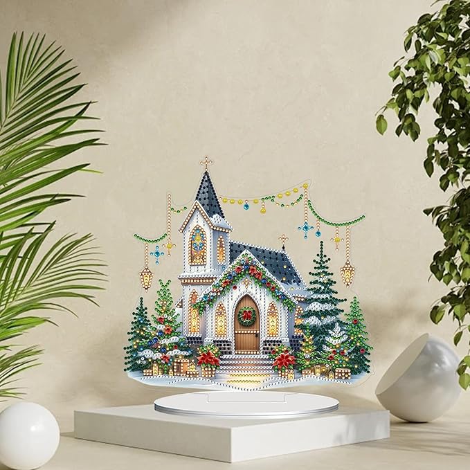 JJFox DIY Tabletop Diamond Art Painting Kit，Special Shaped Rhinestone Desk Placement Ornament，Home Stand Up Gem Painting Craft Kit，Gift,Double Sided. (Christmas House-2)