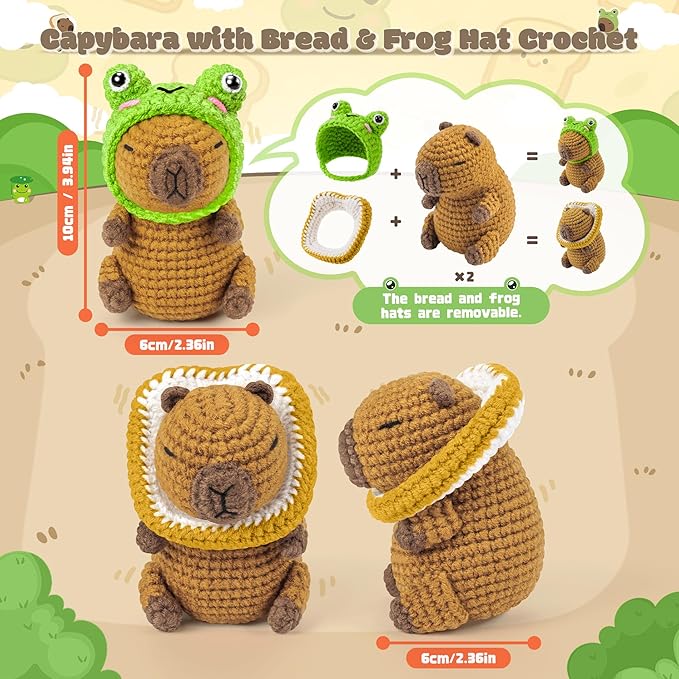 Capybara Crochet Kit for Beginners, 2PCS Capybara with Frog and Bread Hats Crochet Animal Kit with Step-by-Step Video Tutorials, Starters Crocheting Kits for Adult, Animals Knitting Kit for Birthday