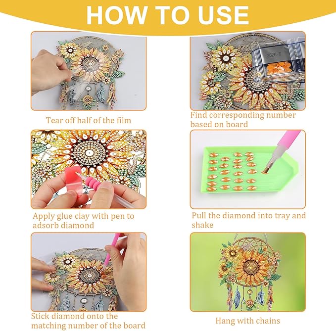Sunflower Diamond Painting Hanging Ornament, Dream Catcher 5D Special Shape Diamond Art, Crafts for Adults DIY Gem Art, Acrylic Home Garden Window Wall Decor with Chain, Box Kit, 6.2×7.8in