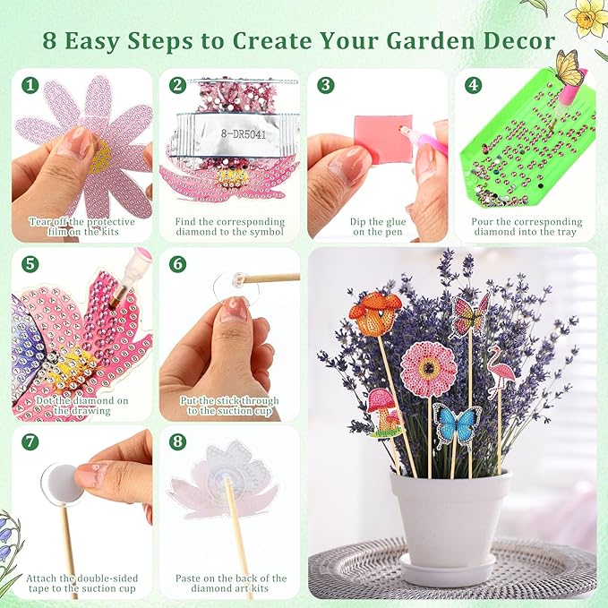 Sliner 20 Pcs Diamond Art Kits for Adults for Garden Decor with Butterfly, Hummingbird, Flowers, Bee, Mushrooms, Diamond Art Kit with Stakes Dot Ornaments Kits for Outdoor Yard Decoration Crafts