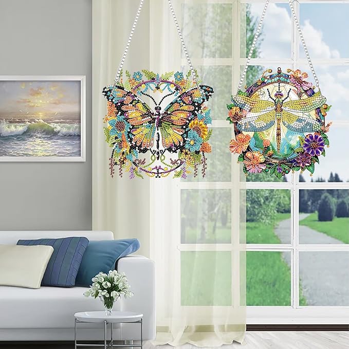 2 PCS Hanging Diamond Art Pendant Painting Kit Butterfly And Dragonfly, Special Crystal Gem Craft Painting Set ,Hanging Diamond Painting Art Wind Hanging for Home Window Door Decor(7.87X7.87 in)