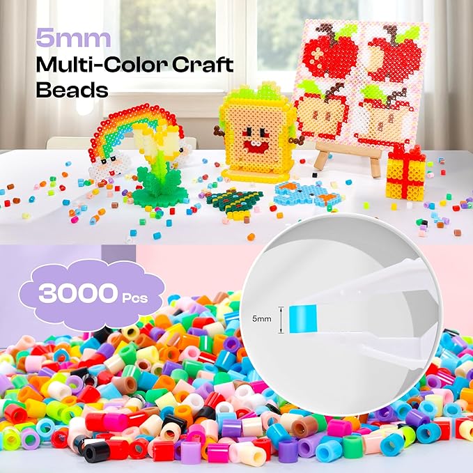 Caydo 3000PCS 5mm Fuse Beads, Mixed Colors Iron Beads for Kids Crafts, Bucket Packed for Storage, Melting Bead for 2D/3D Art Craft DIY Project Kids DlY Pixel Parent-Child Interaction Holiday Gifts