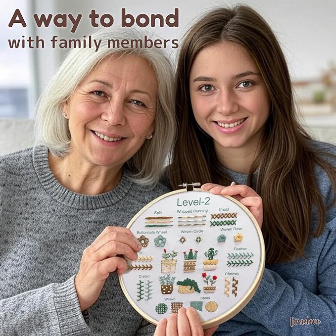 bradove beginner embroidery kit for adults kids, learn to embroider 37 stitches and 13 cute patterns, stitches kit, bead embroidery kit, beginner embroidery practice