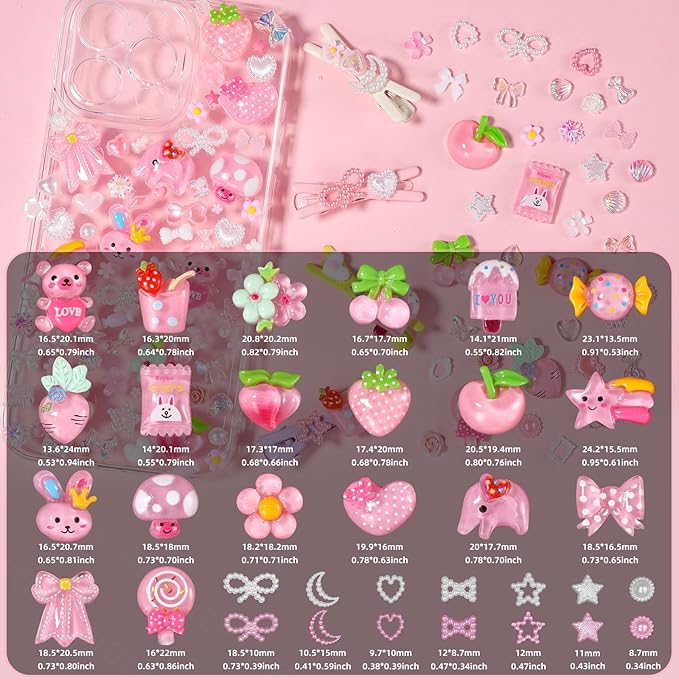 Junk Case Charms Kit, Junk Phone Case Charm, Flatback Lollipop Candy Bear Flower Fruit Mushroom Cartoon Cute Slime Charms for DIY Crafts, Scrapbooking, Jewelry Making-S4