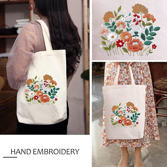 CREAWONDER Canvas Tote Bag Embroidery Kit with Pattern for Beginners, Arts and DIY Embroidery Crafts Kits for Adults, Include Instructions, Thimble, Embroidery Hoops, Color Threads and Tool
