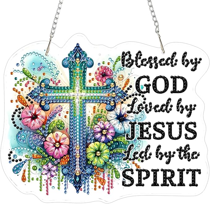 ZeeLionArt Hanging Diamonds Art kit for Adult,Flower Cross Pendant Diamonds Painting Art Kit,7.8x6.3inch Acrylic Diamonds Painting Board Kit Ornament, Special Crystal Diamond Hanging Ornament