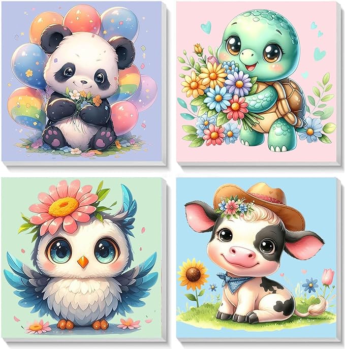 4 Pack Animal Paint by Number for Kids with Wooden Frame, Paint by Numbers for Kids Animals Ages 4-8-12, Easy Panda Sea Turtle Owl Cow DIY Acrylic Oil Painting Kits for Home Wall Decor (8X8 inch)