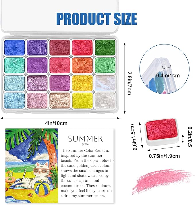 Mini Glitter Watercolor Paint Set, 20 Colors Shimmer Metallic Watercolour Painting Sets, Solid Pearl Water Color Paints for Adult, 1ml Trial Pack(Summer)