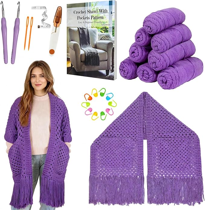 Arborthread Crochet Kit for Beginners, Easy Pocket Shawl & Scarf Crochet Kit for Adults w/Ample Premium Yarn to Fit Different Sizes, Step-by-Step Video & Instructions, Pureple