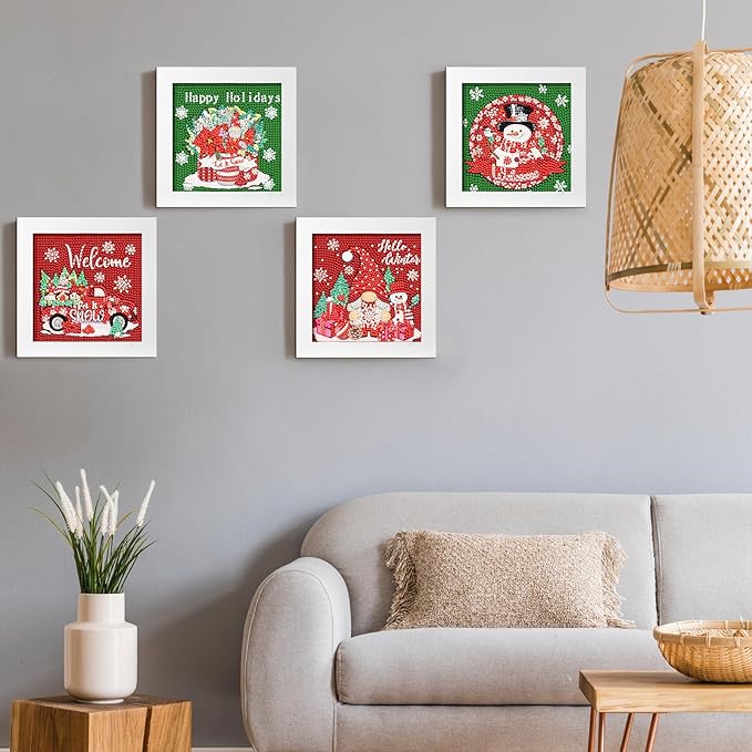 Geyoga 4 Pcs Christmas Diamond Painting Kits with Frame Christmas Snowman Gnome Diamond Art Kits for Adults Beginner Kids DIY Arts and Crafts Rhinestone Gem Art Home Wall Table Decor Gift 7 x 7 Inch