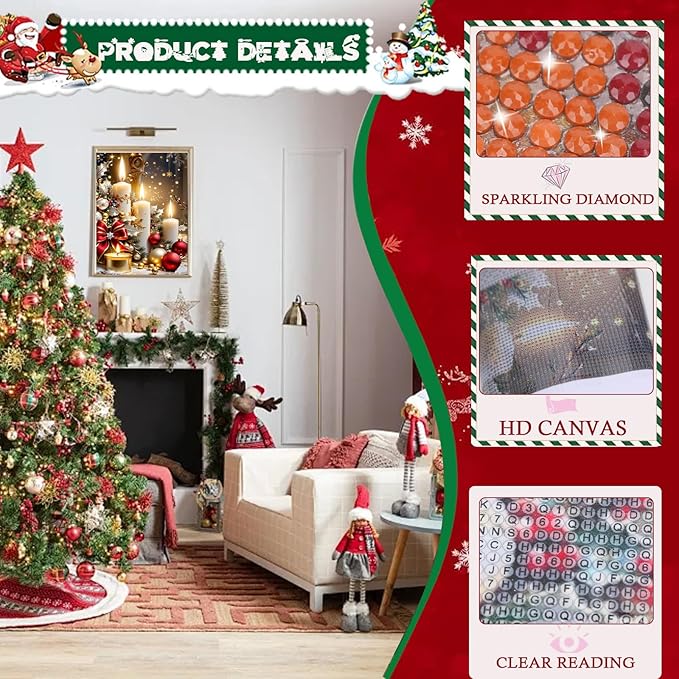 MUNORIAY Christmas Diamond Painting Kits for Adults, Christmas Candle Diamond Art Kits for Beginners, 5D DIY Xmas Full Drill Diamond Dots Gem Art Crafts Kits for Wall Home Decor 12x16 Inch